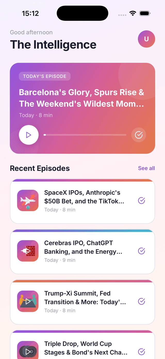 OwnPod home screen showing today's episode and recent episodes